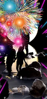 Silhouetted lovers on a beach with fireworks and a glowing moon.