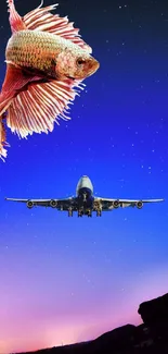 Vibrant fish and airplane against a blue night sky wallpaper.