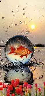 Vibrant fish inside a glass bubble at sunset with tulips.