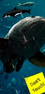 Majestic fish swimming underwater with a 'Don't Touch!' sign.