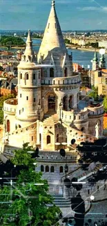 Fisherman's Bastion in Budapest with city and river view.