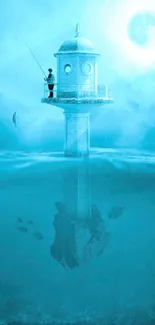 Surreal fisherman on a water tower under a moonlit blue ocean sky.