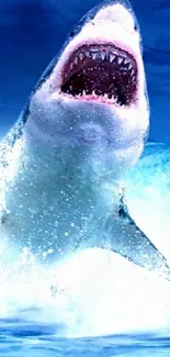 Dramatic scene of a shark breaching near a fisherman's boat on the ocean.