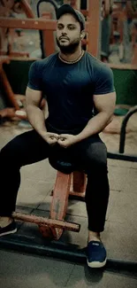 Fitness enthusiast sitting on gym bench in workout attire.