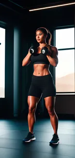 Woman lifting dumbbells in a gym.