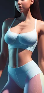 3D art of a woman in activewear with a sky blue background.