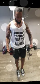 Man lifting weights with a motivational quote shirt and bokeh effects.