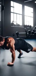 Man performing push-ups in a bright, modern gym setting.