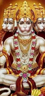 Five-faced Hanuman deity mobile wallpaper with vibrant colors and detailed design.