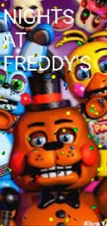 Five Nights at Freddy's colorful animated characters on vibrant wallpaper.