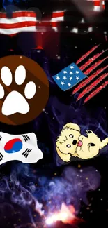 Colorful wallpaper with flags, a dog, and paw print on a dark background.