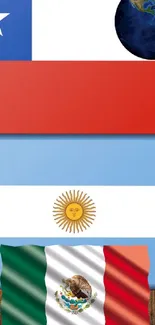 Wallpaper featuring flags of Chile, Argentina, Mexico and a globe.