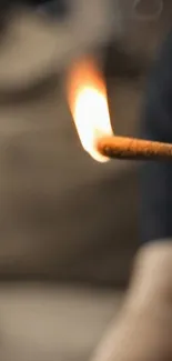 A wooden stick with a bright flame against a muted background.