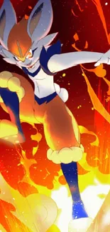 Anime character amidst vivid flames in dynamic pose.