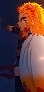 Anime warrior with fiery orange hair and cloak in dynamic pose.