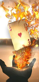 A fiery Ace of Hearts card resting on a flaming hand, set against a blurred background.