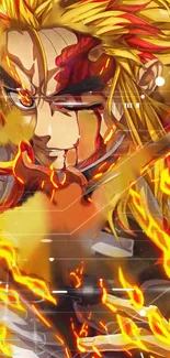 Anime warrior engulfed in flames with intense orange hues.