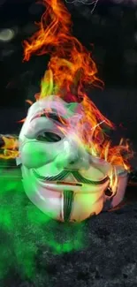 Mobile wallpaper featuring a flaming Anonymous mask with dark gray background.