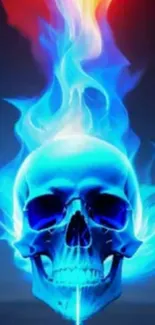 Fiery blue skull with glowing flames on a dark background.