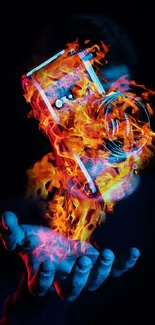 Hand holding flaming camera, dynamic art with vibrant colors.