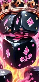 Stylized black dice with pink flames and crown.
