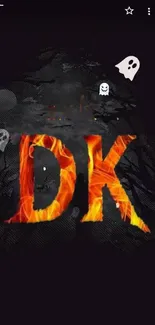 Spooky wallpaper with flaming DK letters and ghosts.