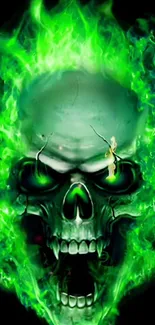 Vibrant green flaming skull mobile wallpaper.