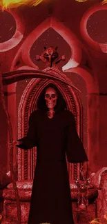 Grim Reaper sits on a throne engulfed in flames, offering a gothic mobile wallpaper.