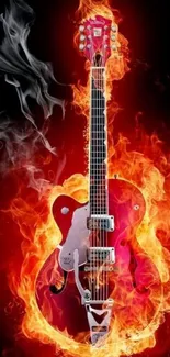 Red guitar engulfed in fiery flames on a dark background.