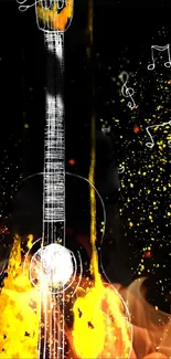 Flaming guitar wallpaper with musical notes and vibrant fiery design.