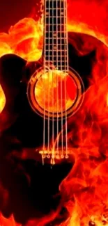 Fiery guitar engulfed in bright flames, vibrant mobile wallpaper.