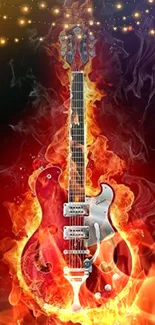 Electric guitar engulfed in vibrant flames on mobile wallpaper.