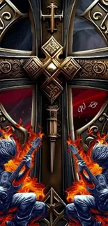 Rocking guitarists with flames and cross design on wallpaper.