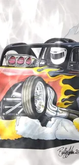 Vibrant hot rod with flames and smoke racing forward.