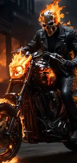 Fiery skull-headed rider on motorcycle with flames.