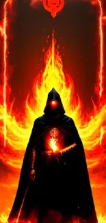 Mystical hooded figure engulfed in flames, perfect for dark fantasy enthusiasts.