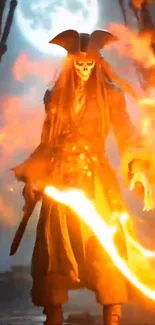 Fiery pirate with skull face under moonlit sky.