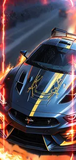 Dynamic flaming race car with vibrant orange streaks and speed effects.