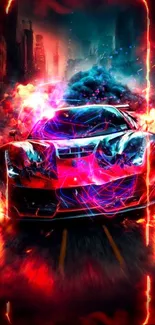 Dynamic wallpaper of a racing car engulfed in flames against a cityscape backdrop.