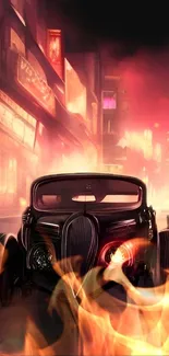 Retro car in flames on a vibrant city street.