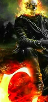 Fiery rider with flaming motorcycle wheel on dark background.