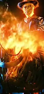 A flaming rider with intense fire on a dark background, creating a dynamic scene.