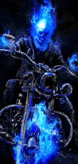 Fiery spectral rider on a motorcycle with blazing blue flames on a dark background.