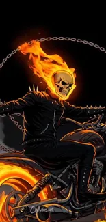 Flaming skull rider on a motorcycle with fire.