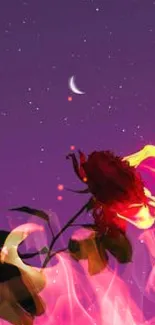 Mobile wallpaper of a flaming rose under a starry purple night sky.