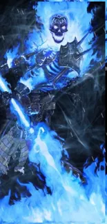 Blue flame skeleton warrior art in fiery display.