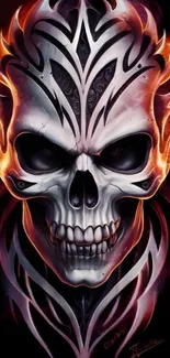 Flaming skull with tribal patterns and fiery accents.