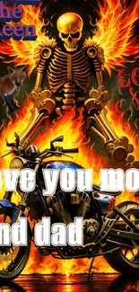 Flaming skeleton with motorcycle and love messages.