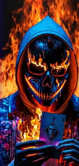 Hooded figure with flaming skull mask holding a fiery ace card.