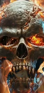 Mobile wallpaper of a flaming skull with vibrant flames and dark background.